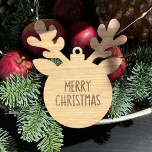 Rudolf julekugle i eg med tekst MERRY CHRISTMAS
